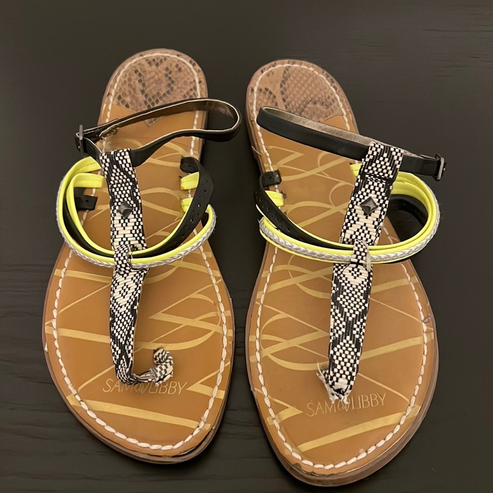 Neon and patterned sandals.